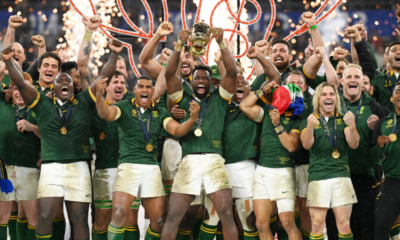 Springboks lifting the Rugby World Cup trophy in 2023