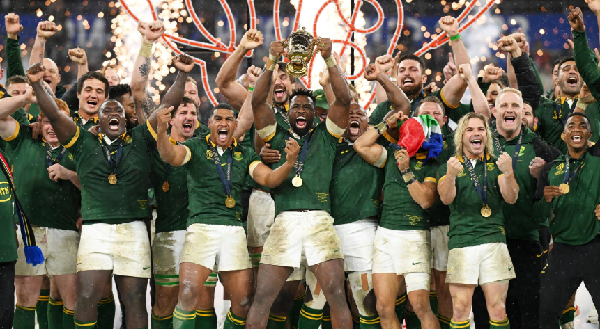 Springboks lifting the Rugby World Cup trophy in 2023
